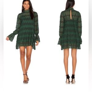 Free People Lace Mini Dress | Green Black | Mock Neck Bell Sleeve | Size M